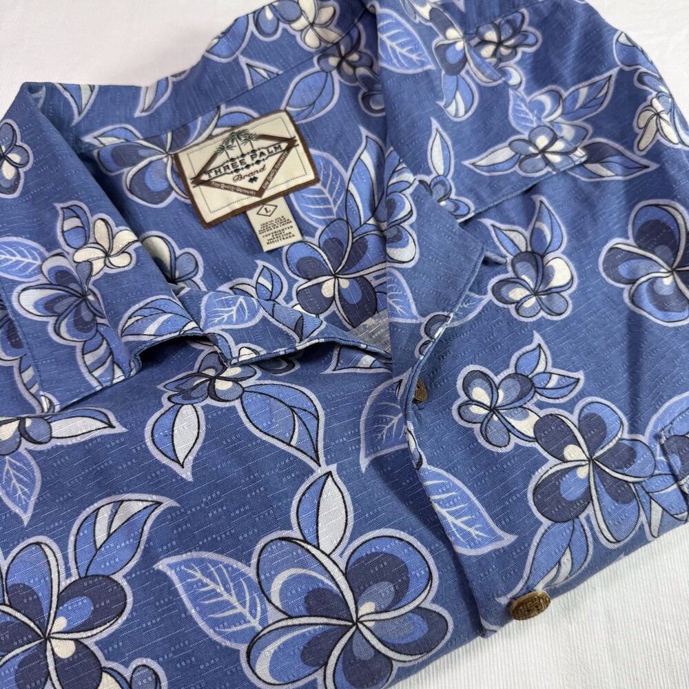 Three Palm Mens Shirt L Blue 100% Silk Hawaiian Short‎ Sleeve Button Up Vacation